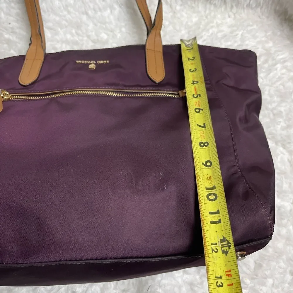 Michael Kors Nylon Aubergine  large tote tan leather straps,gold tone hardwares